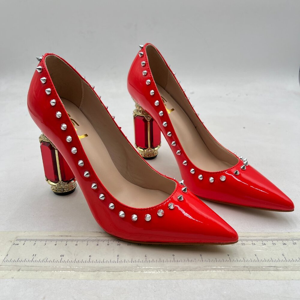 FSJ Red Bridal Pointed Toe High Heel Crystal Pumps Slip on Wedding Rivets Shoes - Picture 3 of 7